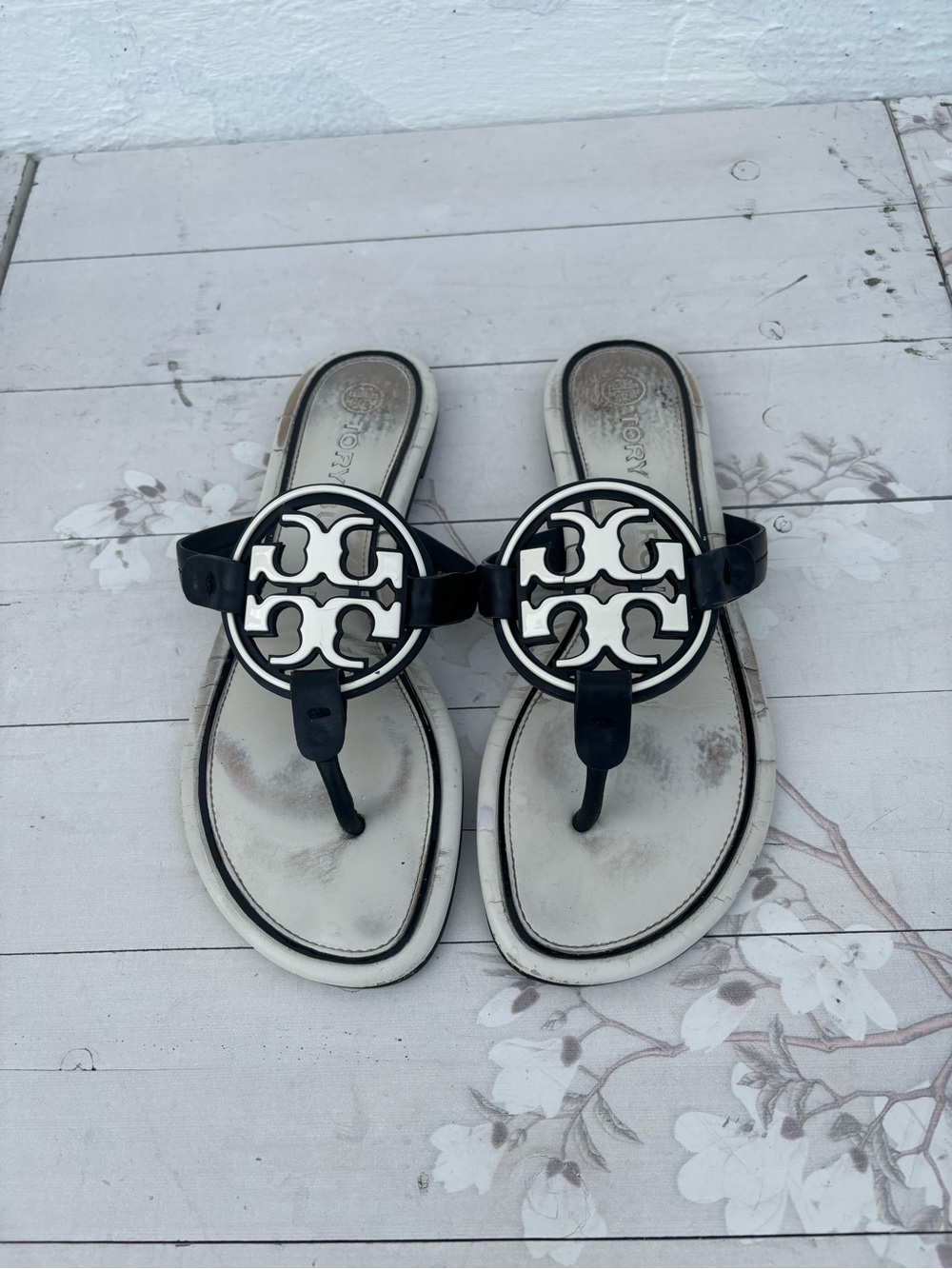 Tory Burch Black and White Logo Thong Sandals